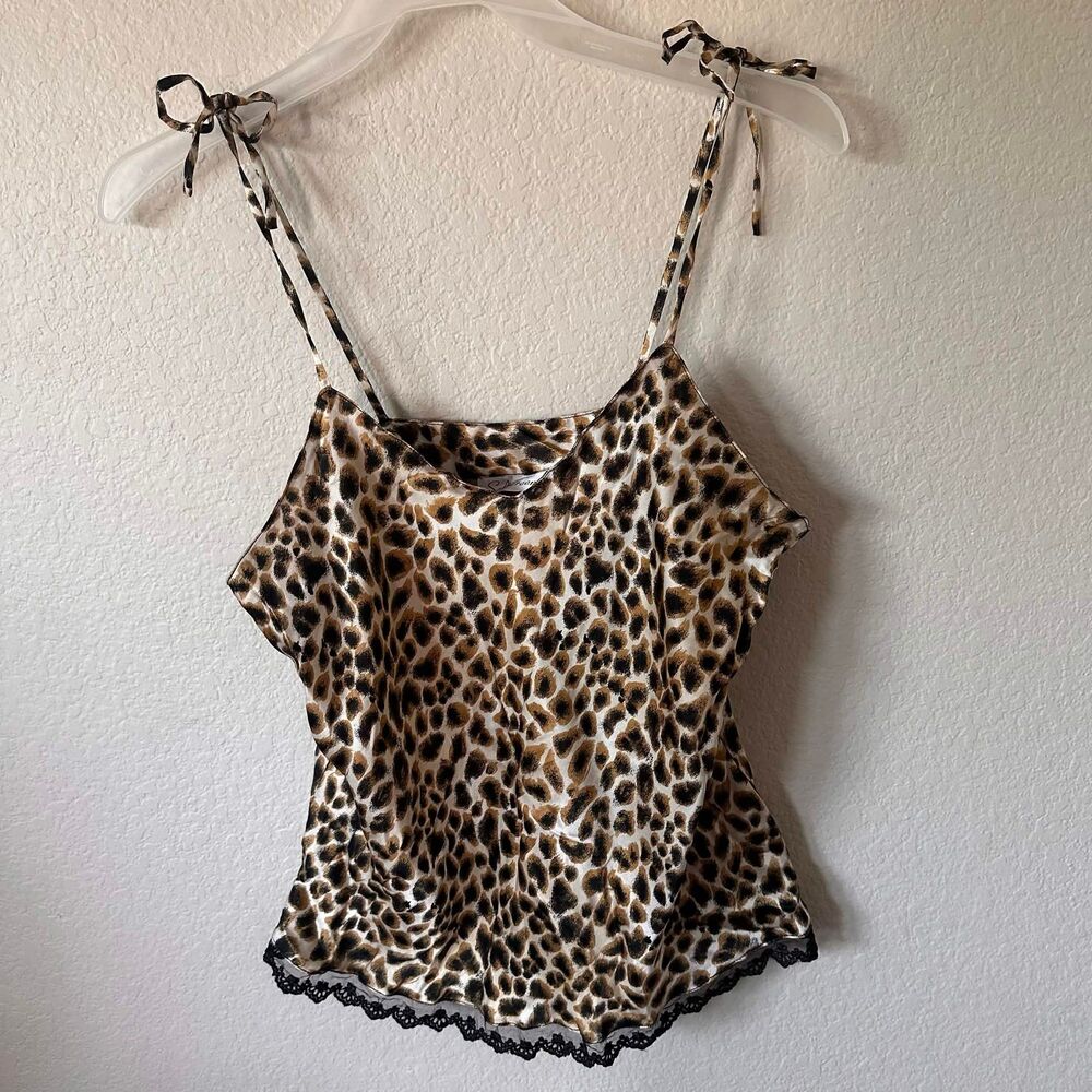 Vintage Y2K Silkscreen 100% Silk Leopard Print Lace Trim Cami Large Whimsigoth - Picture 1 of 7